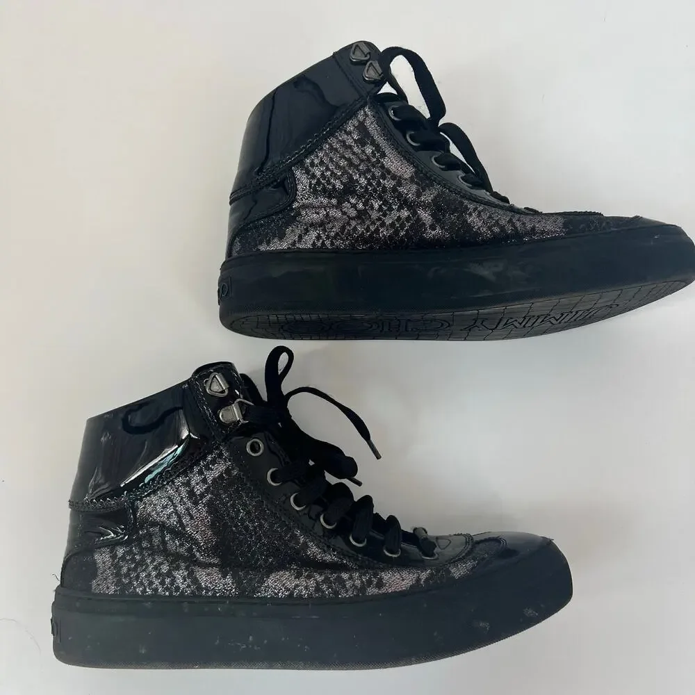 Jimmy Choo Black & Silver Snakeskin Patent Leather High Top Sneakers 39.5